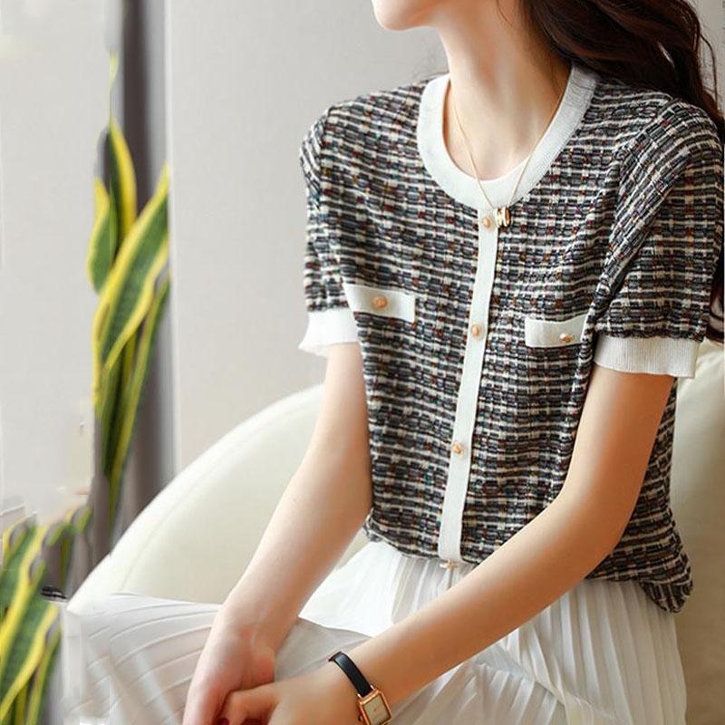 Elegant Fashion O-Neck Short Sleeve Knitted Tops All-match Female Summer Button Commuter Pullovers T-shirt Women's Clothing