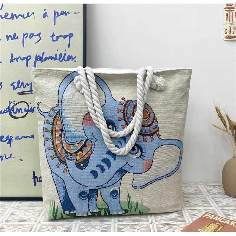 Ethnic Style Elephant Embroidered Canvas Shoulder Bag With Cotton Rope Strap For Casual Travel