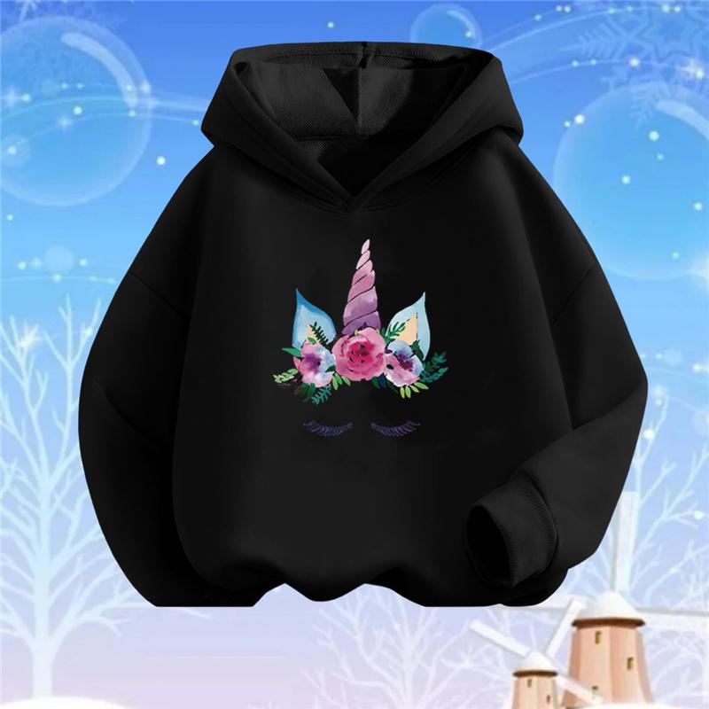 Kids Cartoon Hoodies Beauty Flower Unicorn Hoodey Sweatshirt Girls Fashion Harajuku Basic Coat