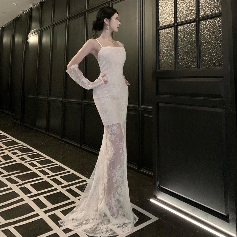 Vintage Light Wedding Dress Lace Mori Suspender Bridal Morning Robe Women's Engagement Banquet Birthday Dress Fishtail Go Out Gauze Skirt