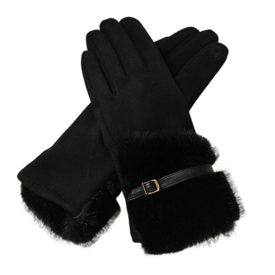 Women's Winter Suede Gloves with Fur Cuffs Soft Warm Touchscreen Cycling Gloves Ladies Fleece Lined Windproof Gloves for Cold Weather