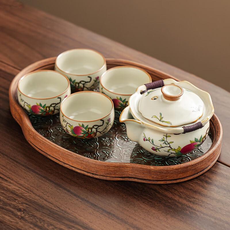 Lainuo Ru Kiln Peach Tea Set with Retro Glass Tray