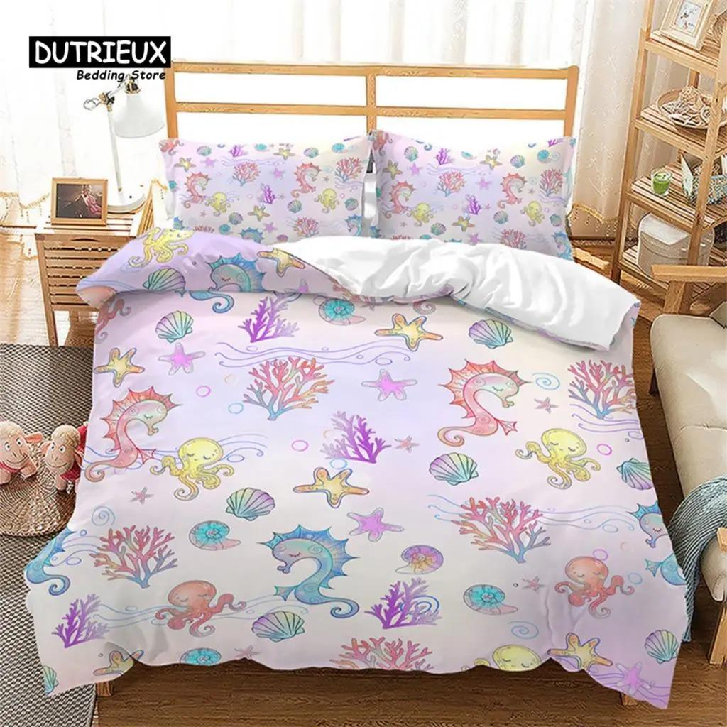 Cartoon Duvet Cover Mermaid Comforter Cover Microfiber Unicorn Animal Bedding Set King For Kids Girls Teens Kawaii Bedroom Decor