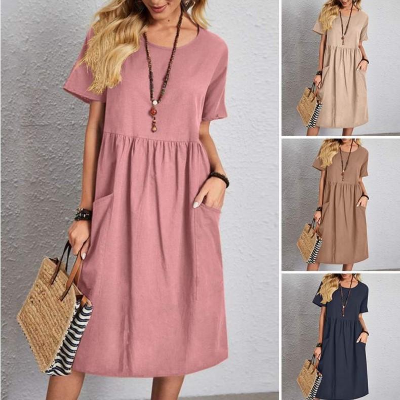 Kvinners avslappet kjole med korte ermer og løs passform med lommer, rund hals, rynkekant i midjen i rosa, beige, khaki, marineblå