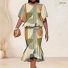Women Plus Size Geometric Printed Two Piece Set Round Neck Batwing Sleeve Ruffle Hem Top Fishtail Skirt