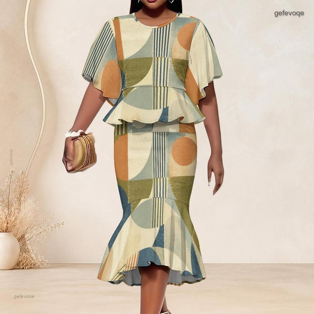 Women Plus Size Geometric Printed Two Piece Set Round Neck Batwing Sleeve Ruffle Hem Top Fishtail Skirt