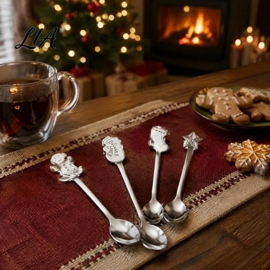 Home Afternoon Tea Accessories 4Pcs Christmas Stainless Steel Spoons Set, Gingerbread Man Tree Coffee Flatware Set Stirring Teaspoons, Dessert