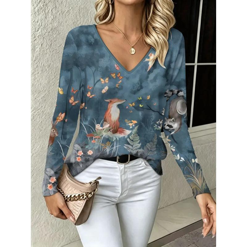 Women's Autumn 3D Printed V-Neck Long Sleeve T-Shirt