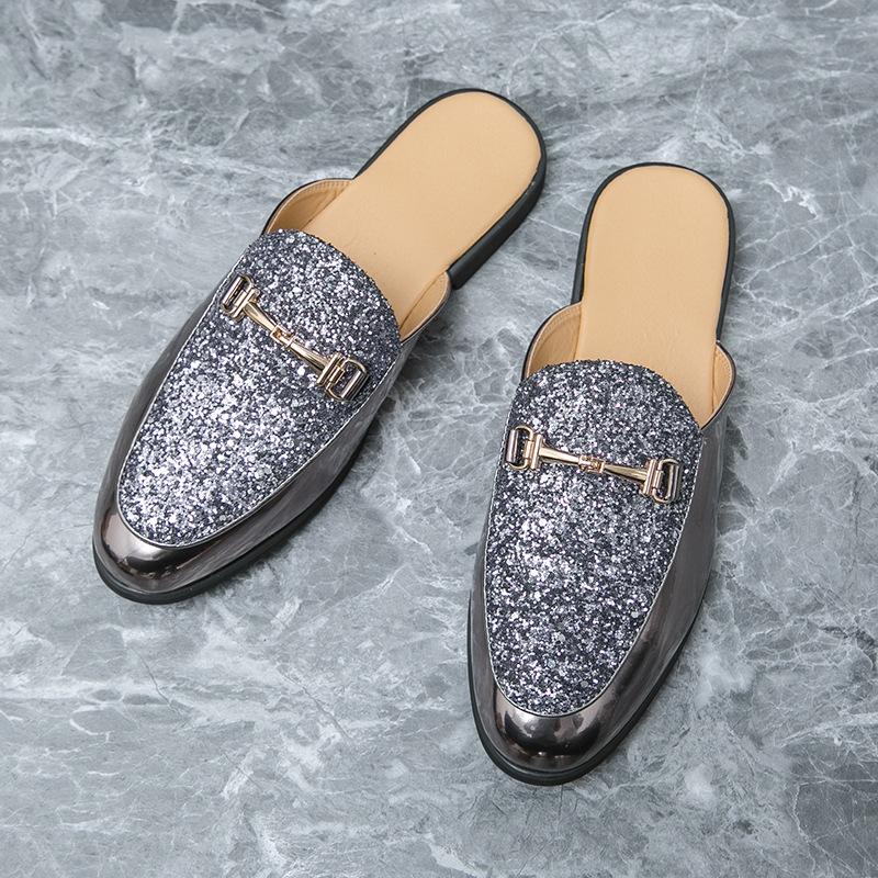 

Дышащие кожаные туфли с полуоткрытой пяткой, мужские туфли с полупайетками, туфли-лодочки с петлей и пряжкой, мужские повседневные кожаные туфли 42 серебряный