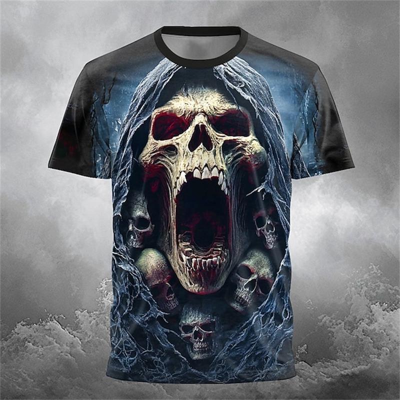 T-shirt da uomo con stampa teschio horror, estate, girocollo, manica corta, alla moda, vestibilità larga, abbigliamento streetwear vintage da uomo