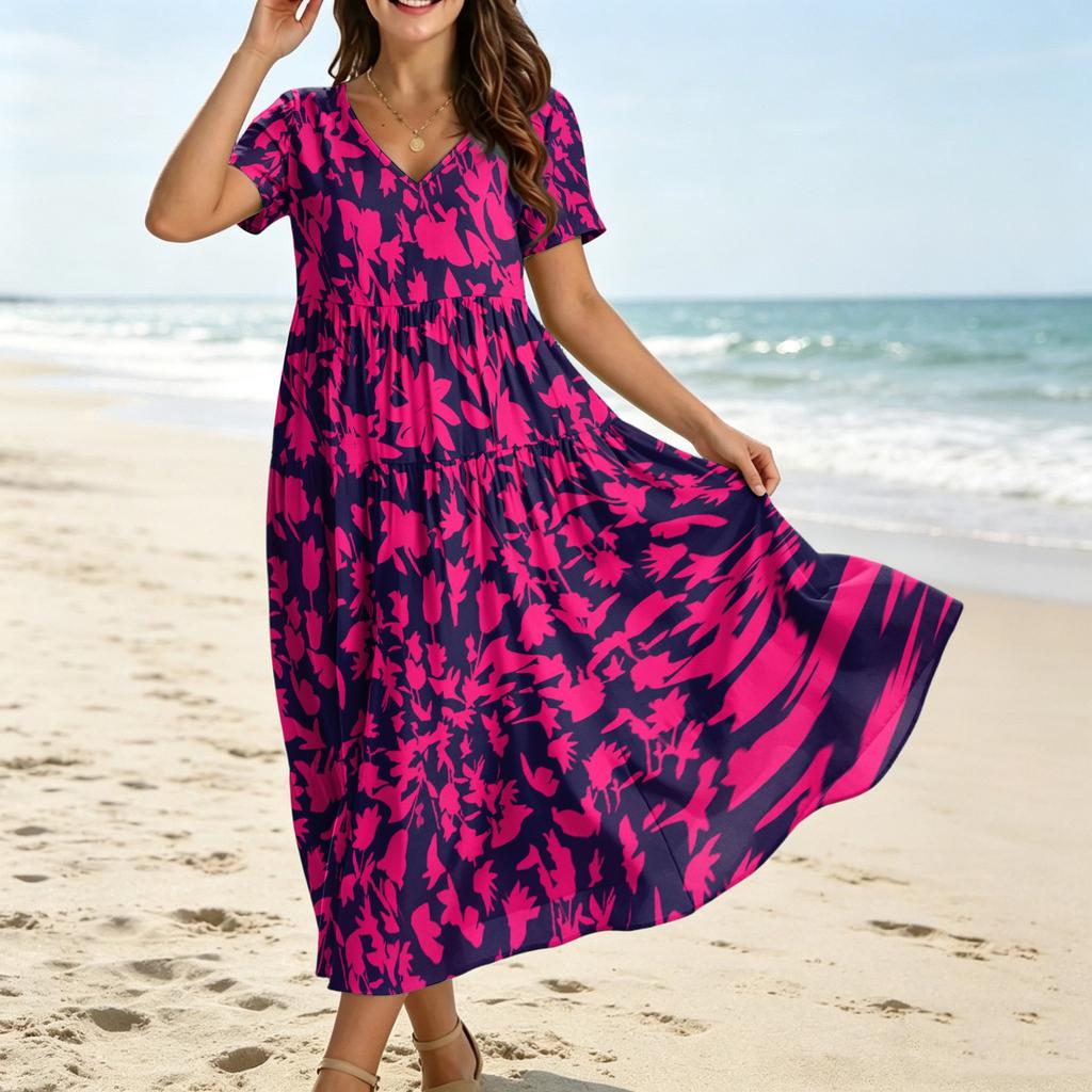 Women’s Casual Loose Fit Bohemian Style Short Sleeve V Neck Printed Maxi Dress for Summer and Spring Outings and Daily Wear