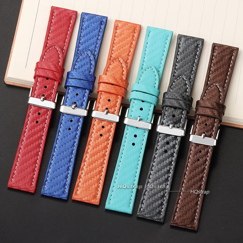 Leather Bracelet Carbonfiber Grain Watchband 18mm 20mm Red Orange Blue Brown Stitching Watch Band 22 24mm Watch Strap for Seiko