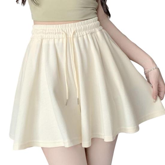 Women Summer Shorts Elastic High Waist Adjustable Drawstring Casual Shorts with Pockets Solid Color Wide Leg Shorts