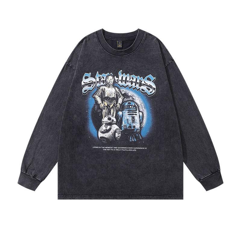 American Trendy T-Shirt White Ink Direct Injection High Definition Printing Crew Neck Top High Street Washed Loose Long Sleeve T-Shirt Men