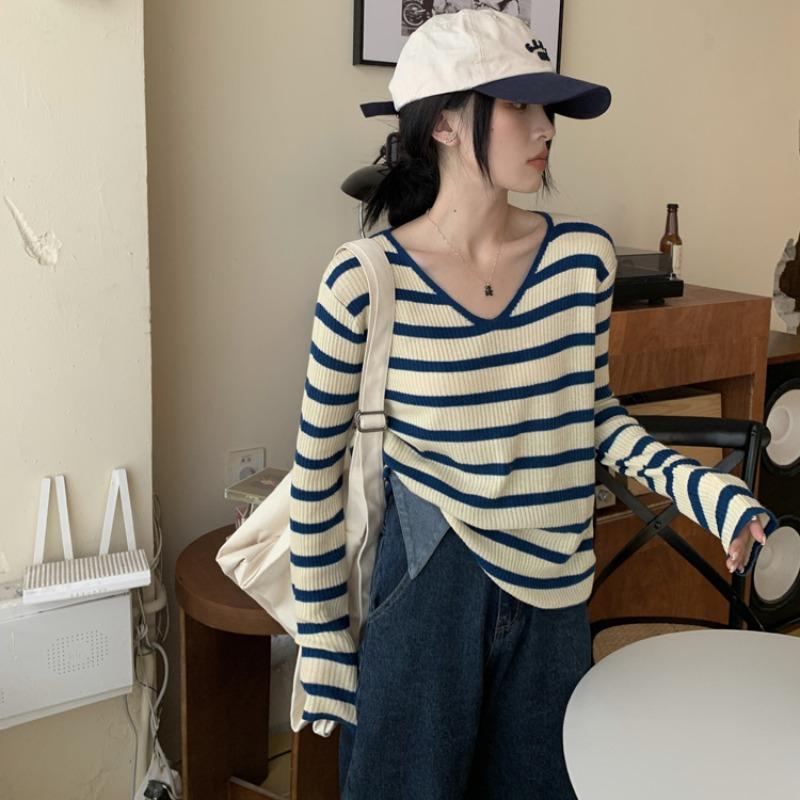 

V-neck Striped Long Sleeve Sweater Women One Size