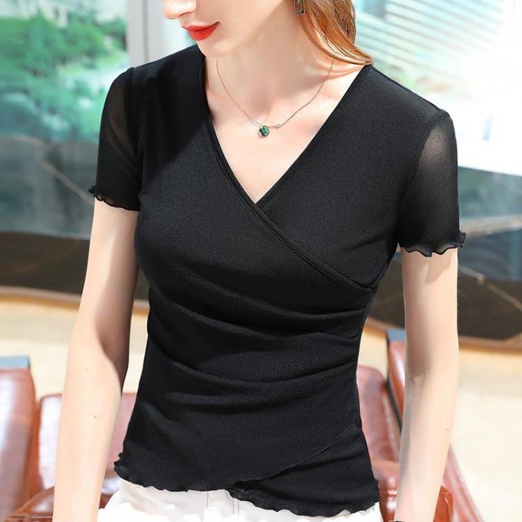 Summer New Women Mesh Top Solid Black Cross V Neck Short Sleeve Ear Waist Base Shirt
