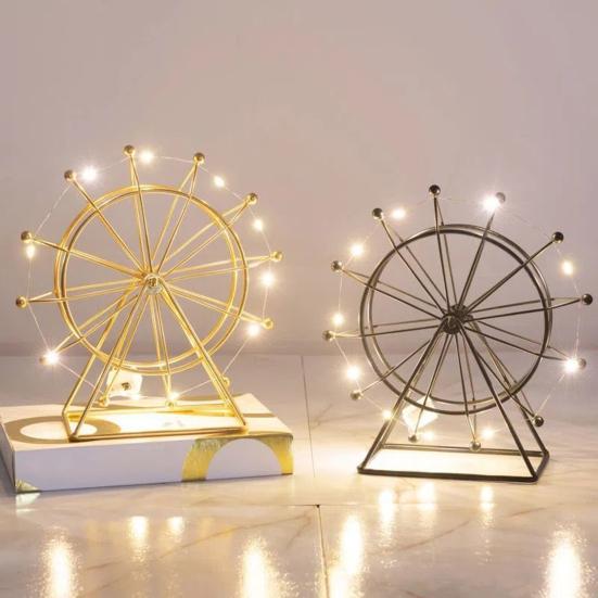 Sky Wheel Ornament with LED Light Rotatable Iron Wire Ferris Wheel Model Metal Figurine Home Office Desktop Decoration