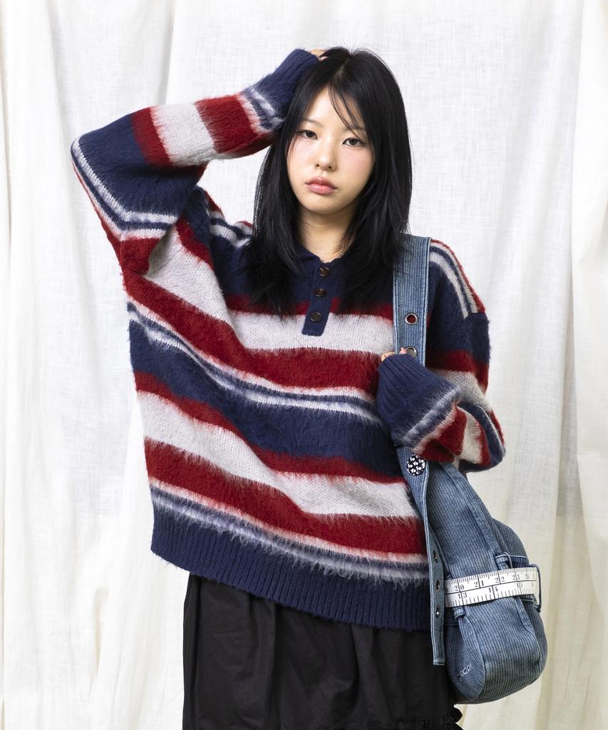 GLACK Gnt080 Good Will Retro Stripe Hairy Knit (Navy)