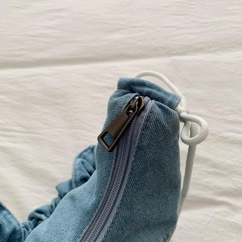 Fashion Denim Hobo Bag Ruched Strap Striped Design Zipper Closure Casual Shoulder Purse for Women