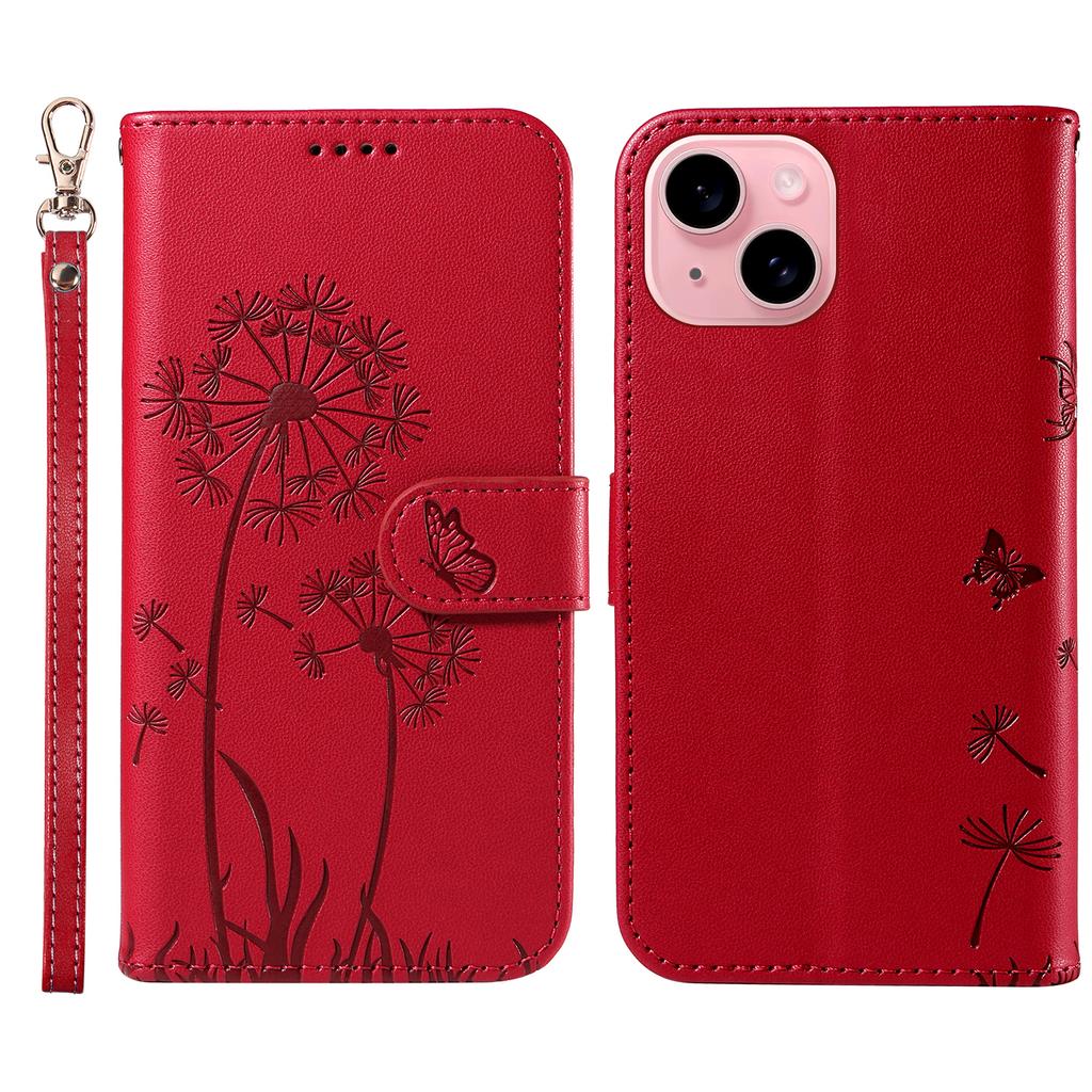 For iPhone 15 Leather Case Wallet Phone Cover Dandelion Imprint