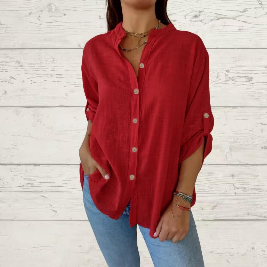 Spring and Summer Solid Color Foldable Sleeves Top V-neck Long Sleeved Casual Loose Women's Blouses & Shirts