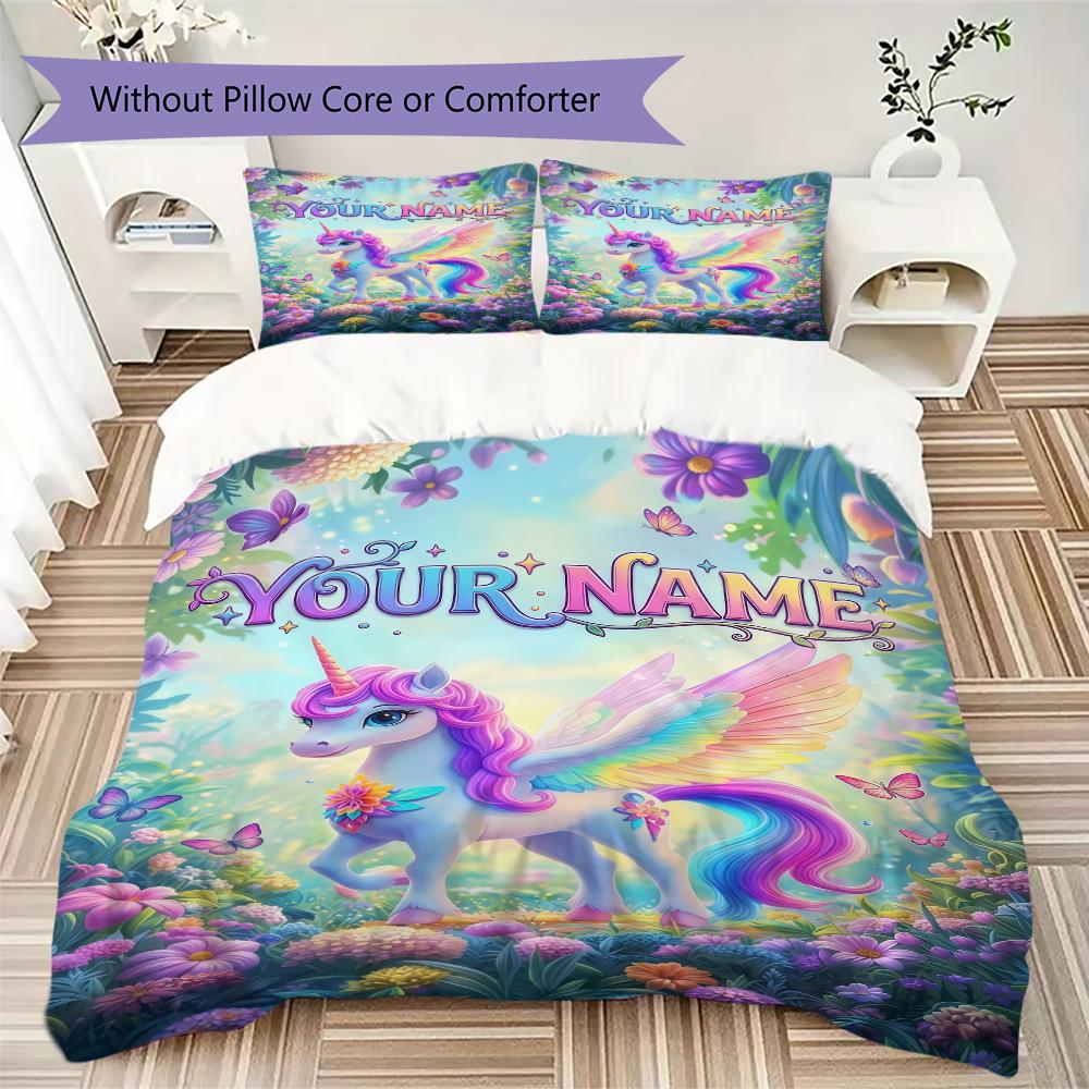 Custom Name Unicorn Fantasy Garden Bedding,Quilt Set Quilt Cover Pillowcase Home Birthday Gift(1 * Duvet Cover + 2 * Pillowcase, Without Core)_lx