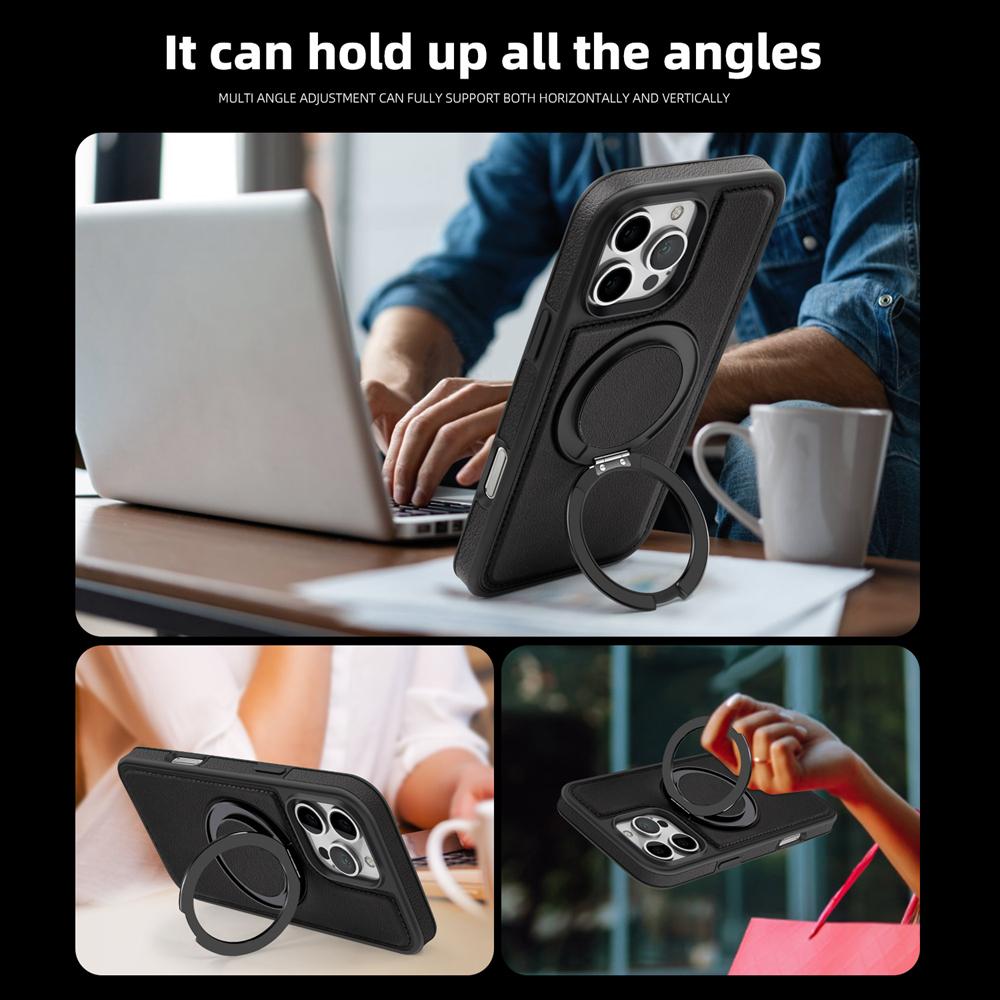 KEYSION Custodia in pelle PU di lusso per MagSafe per iPhone 16 Pro Max 15 Pro con supporto ad anello magnetico girevole a 360°, custodia antiurto per telefono