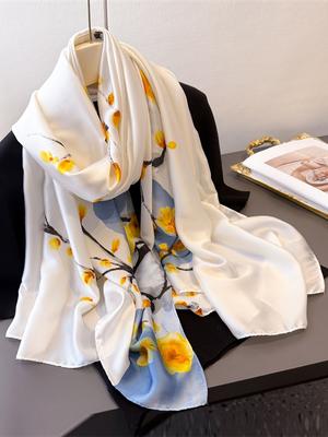 Elegant Women Satin Silk Scarf Beach Wrap Shawls Floral Print Sunscreen Bandanas Hijab Mujer Scarve Pareo Casual Chinese Style