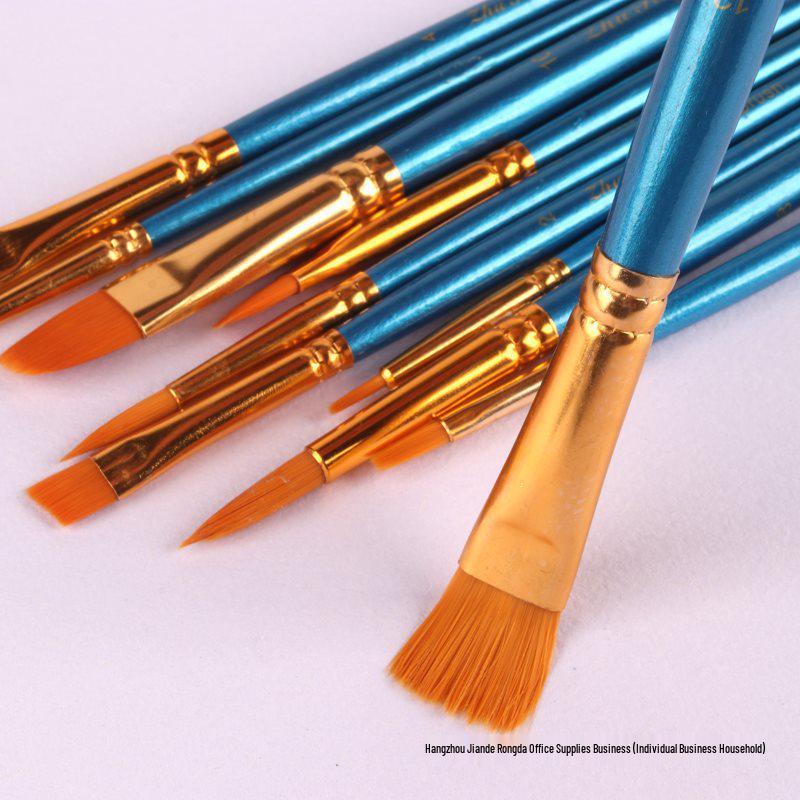 10-Piece Blue Handle Nylon Hair Gouache Watercolor Oil Paint Brush Set for Art Students