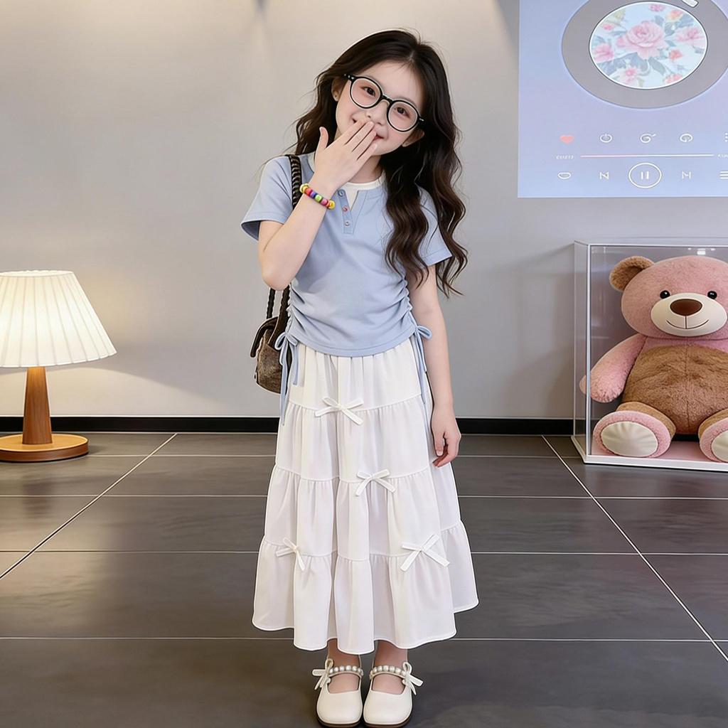 Zweiteiliges Sommerset für Mädchen: Kurzarm-Patchwork-Top & Rock Mode-Outfit