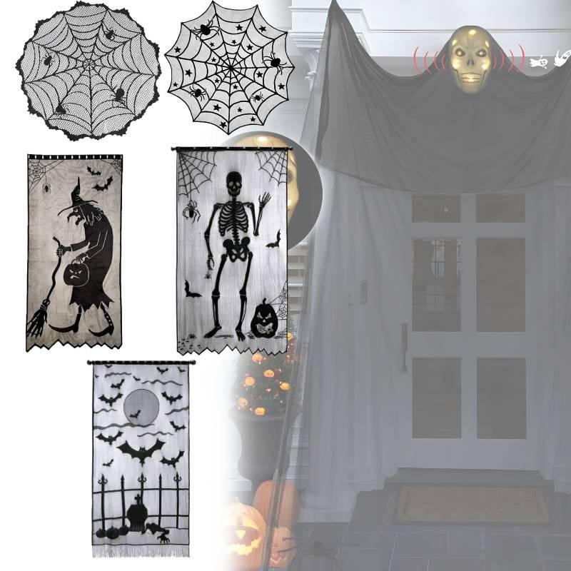 Stylish Black Lace Halloween Table Flag Featuring Creepy Bat And Spider Web Patterns