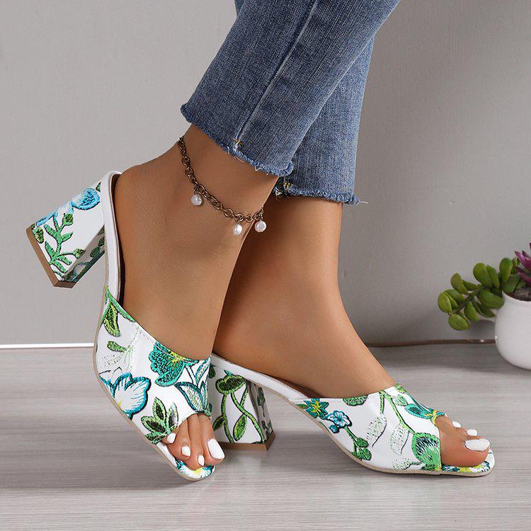 2024 European-American Style Women's Round Toe High Heel Slip-On Graffiti Sandals