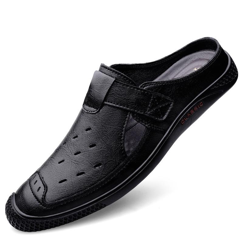 Men's Plus Size Breathable Cowhide Backless Slippers: Summer Hollow Design