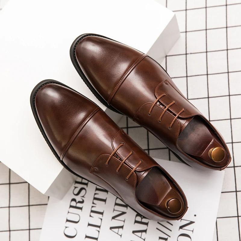 European Station Men  New Arrival Pointed Splice Casual Derby Leather Shoes Black Brown Sizes 38-48 Men Shoes