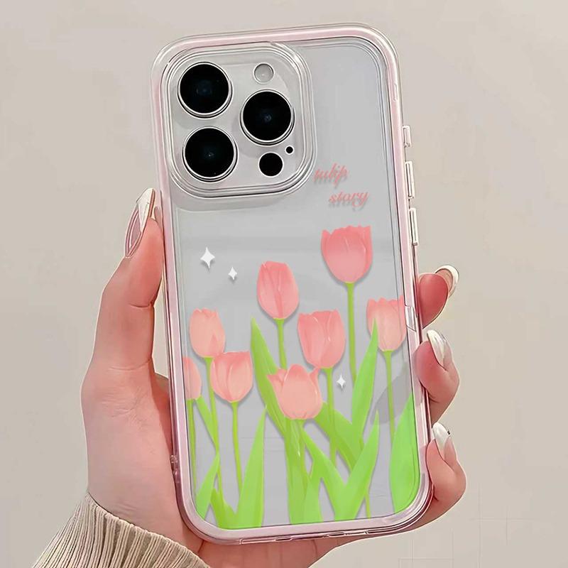 Cute Pink Tulip TPU Transparent Pink Silicone Phone Case For iPhone 17 16 15 14 13 12 11 Pro Max 16 Plus Shockproof Soft Cover