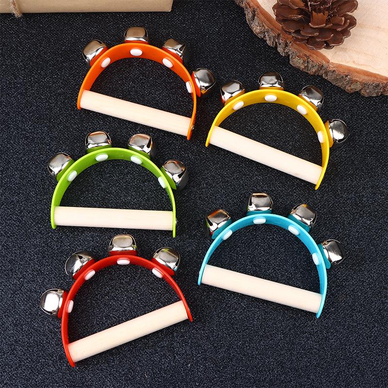 Wooden Half round Children's Tambourine with Clapper Handle - Educational Musical Fun Toy Orff Instruments Hand Ringing Bell