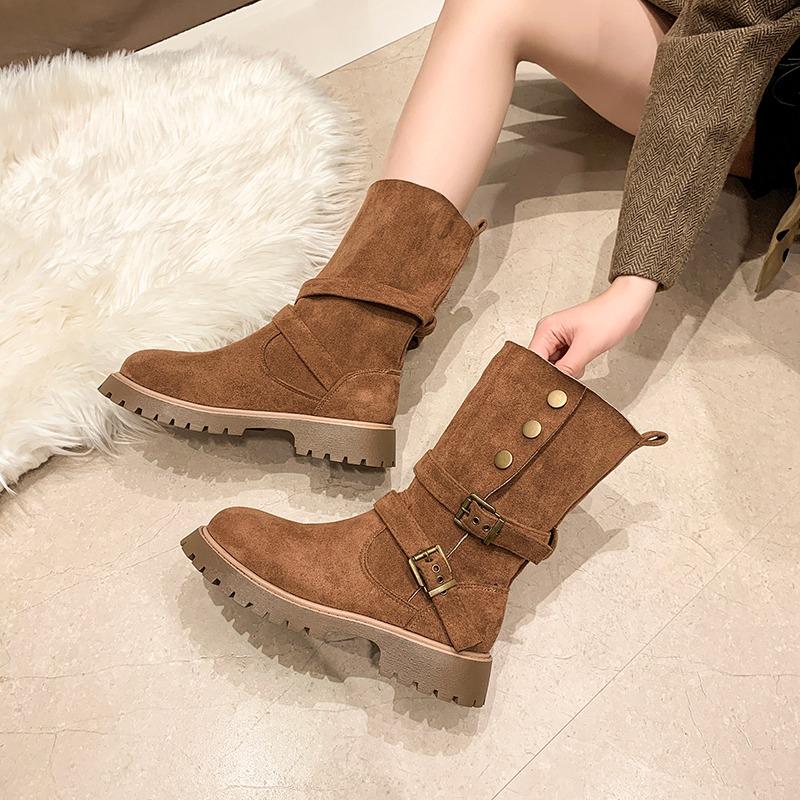 Fashion Thicken Plush Snow Boots for Women Winter Faux Fur Platform Ankle Boots Woman Mid-calf Buckle Snow Boots Cotton Shoes I08