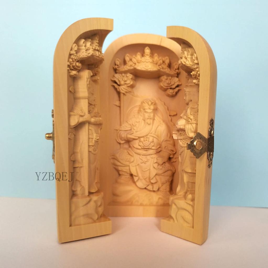 Buddha Wooden Statue Guan Zhou 10cm Protective Lucky Protection from Feng Shui Item Three-Opening [Guan Ping, Yu, Cang] Boxwood, Tall, Artwork,