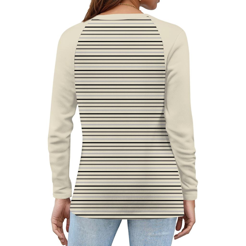 Dámské tričko s potiskem, knoflíky, dlouhý rukáv, denní, víkendová móda, základní, výstřih do V, běžný top