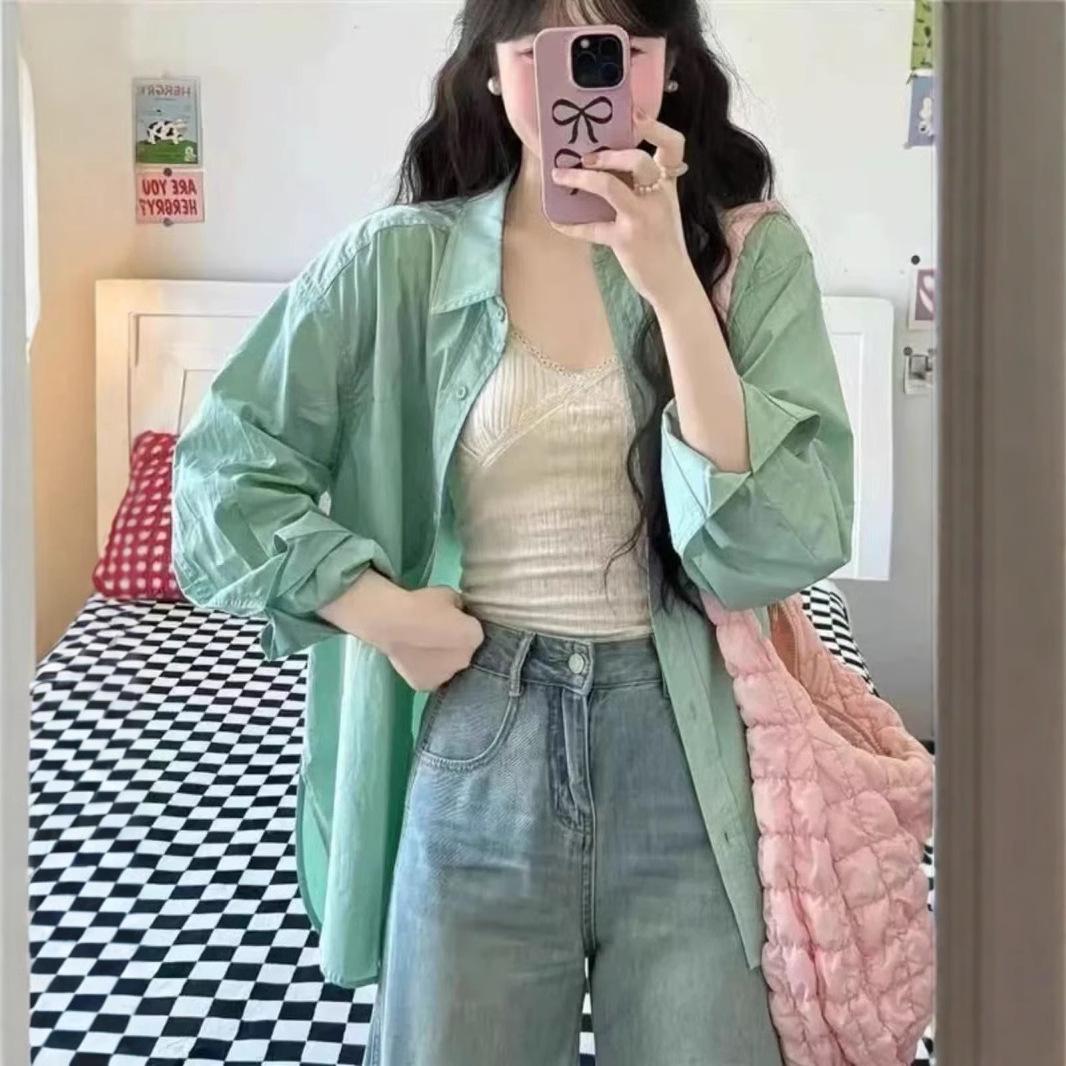 

Spring 2025 Women s Lake Green Pure Cotton Long Sleeve Cardigan - Loose, Versatile, Slimming XXL озеро зелений колір