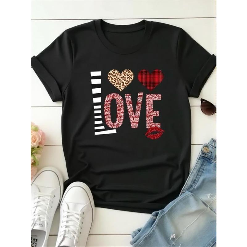

Женская футболка ко Дню святого Валентина LOVE с блестками, сердцем и леопардовым принтом, черная, с круглым вырезом, повседневная, весенне-летняя S чёрный