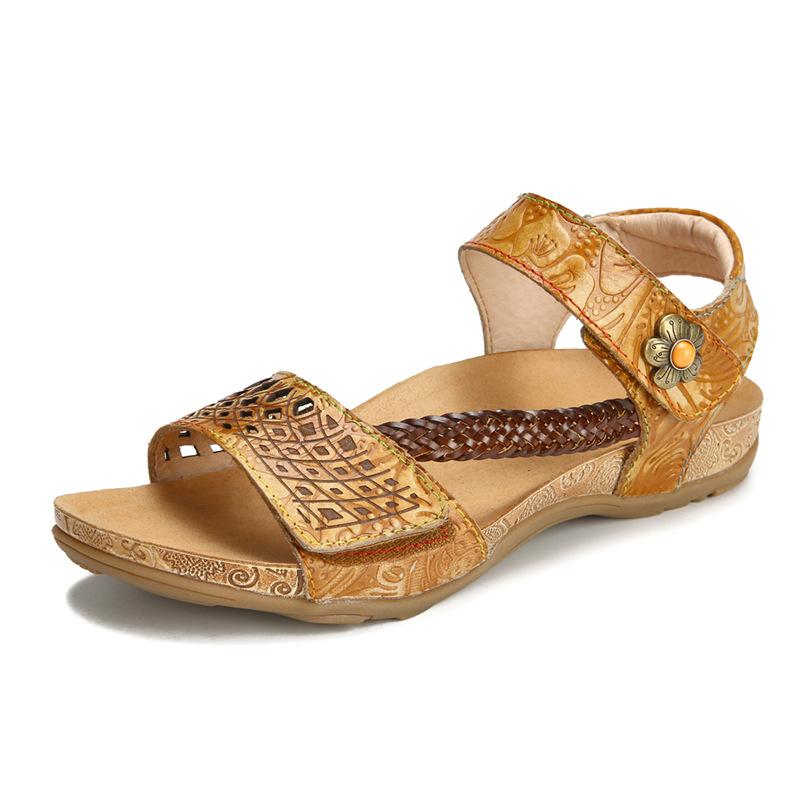

Johnature Женские сандалии ручной работы в этническом стиле, свободные сандалии на плоской подошве в стиле ретро с круглым носком и цветком, из натуральной кожи 42 света кофе