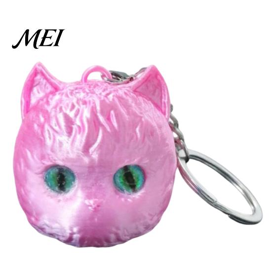 Cute Cat Head Accessory 3D Printed Keychain, Kawaii Kitten Bag Charm with Pearlescent Finish & Bright Green Eyes, Lightweight Animal Pendant Key Ring