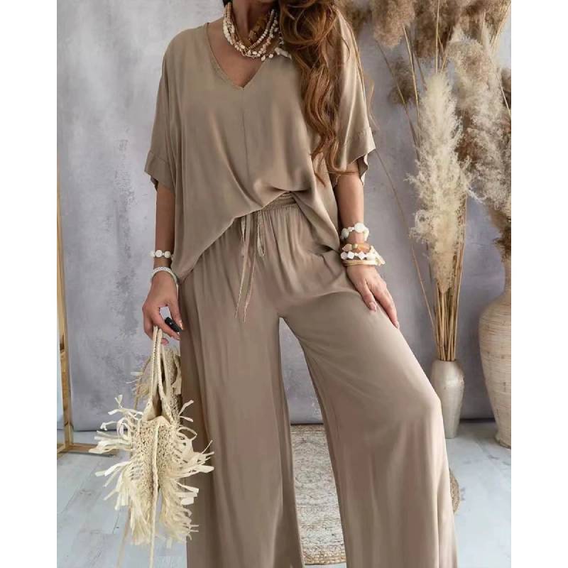 Relaxed Fit Womens V Neck Batwing Sleeve Pantsuit With Tie Detail For Casual Summer Wear
