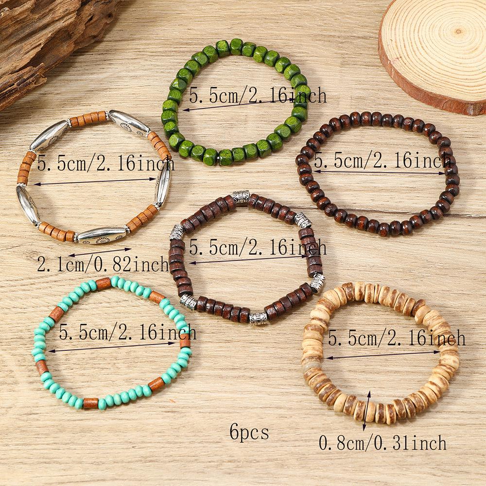 Wood Bead Alloy CCB6-piece Multi-layer Elastic Bracelet Bracelet, Simple Retro Multi-piece Bracelet