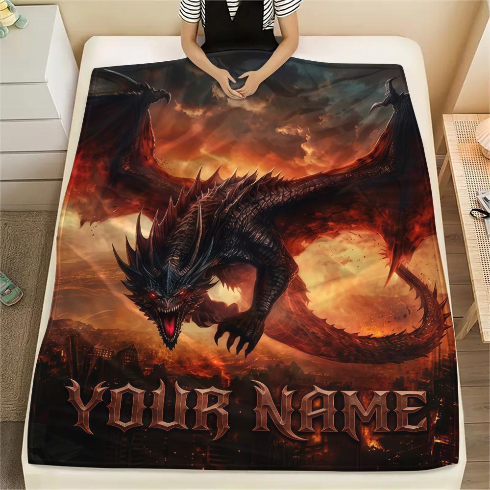 1PC Custom Name Dragon Castle Burn Patterned Flannel Blanket Suitable For All Seasons for Home Decor Warmth and Comfort Gifts Holiday Present_lx