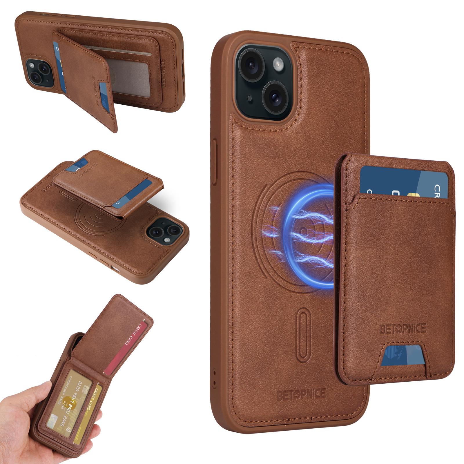 

For iPhone 15 Plus Magnetic Case BETOPNICE RFID Blocking Leather Phone Back Cover with Detachable Card Bag Brown