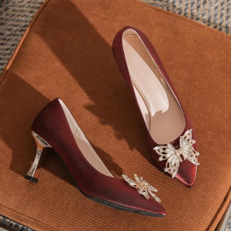 Fashion Women's Fashion Slim Heel Shoes Autumn New Pointed Head Suede Crystal Butterfly Anti-slip Wear-resistant High Heels