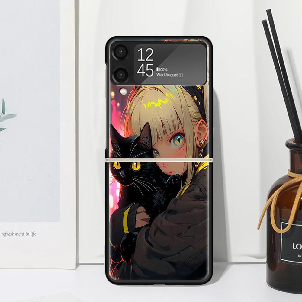 Anime Girls Cute Black Cat Phone Case Cover for Samsung Galaxy Z Flip 7 6 5 4 3 5G Flip3 Flip4 Flip5 ZFlip6 ZFlip7 Black Fundas