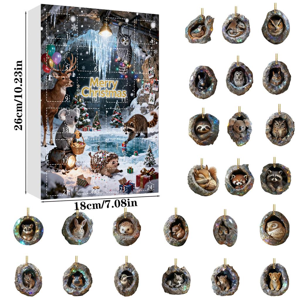 2025 24-Day Cute Animal Countdown Calendar, Adorable Animal-Themed Decorations, 2D Flat Acrylic Hanging Ornament